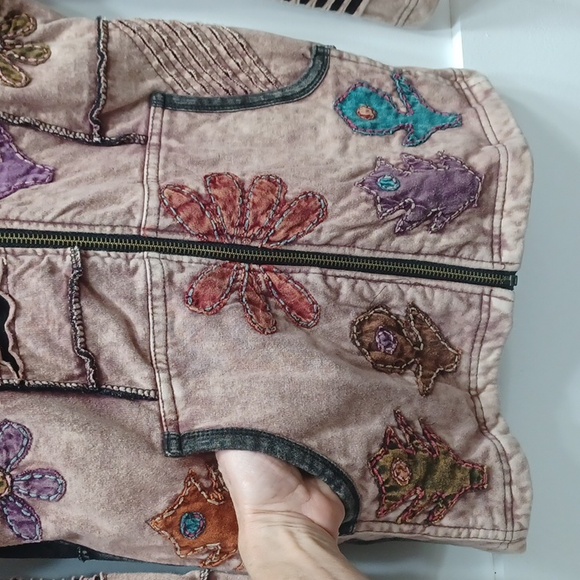 Rising International Boho Hoodie Jacket Coat Brown w Teal Purple Orange Cutouts - Picture 7 of 12